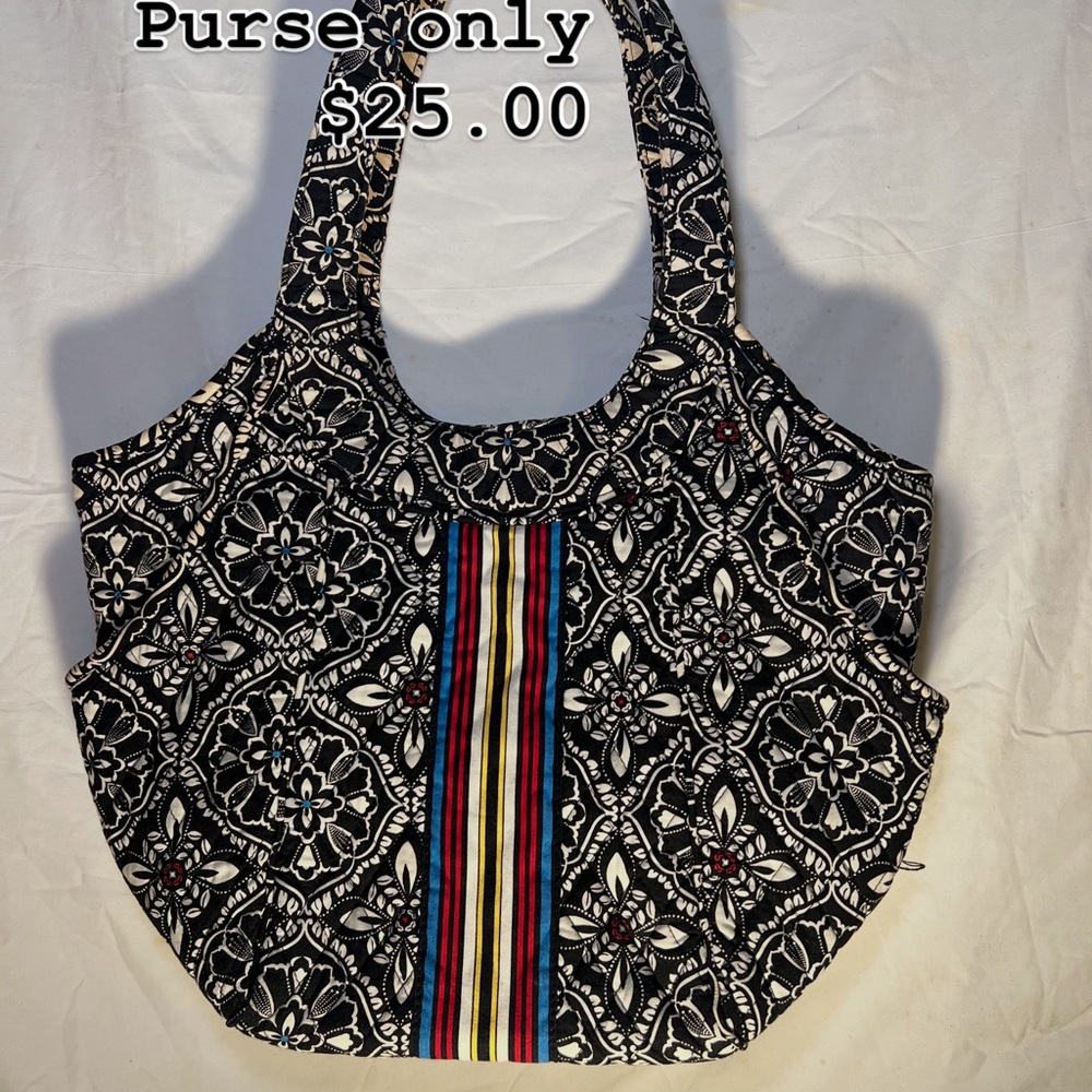 Vera Bradley Black and White Floral Tote with Multicolor Stripes